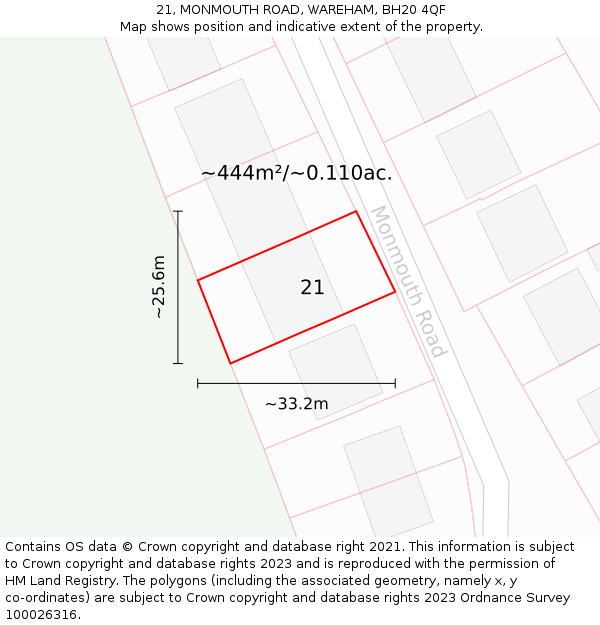 21, MONMOUTH ROAD, WAREHAM, BH20 4QF: Plot and title map