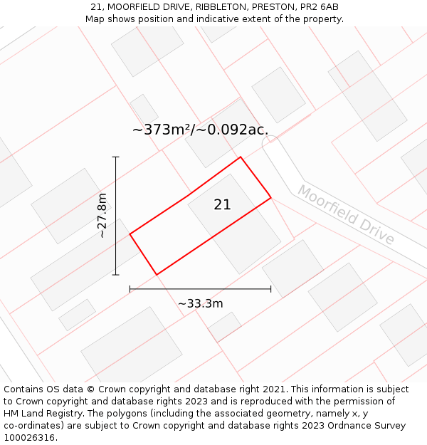 21, MOORFIELD DRIVE, RIBBLETON, PRESTON, PR2 6AB: Plot and title map