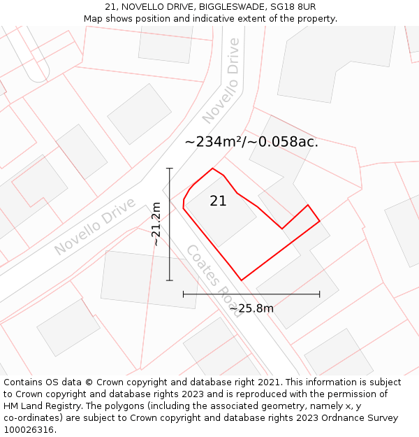 21, NOVELLO DRIVE, BIGGLESWADE, SG18 8UR: Plot and title map