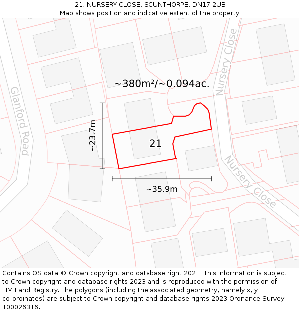 21, NURSERY CLOSE, SCUNTHORPE, DN17 2UB: Plot and title map