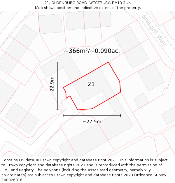 21, OLDENBURG ROAD, WESTBURY, BA13 3UN: Plot and title map