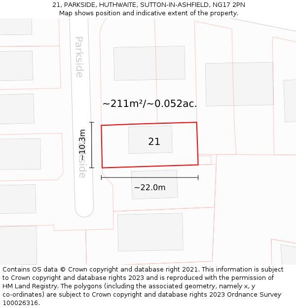 21, PARKSIDE, HUTHWAITE, SUTTON-IN-ASHFIELD, NG17 2PN: Plot and title map