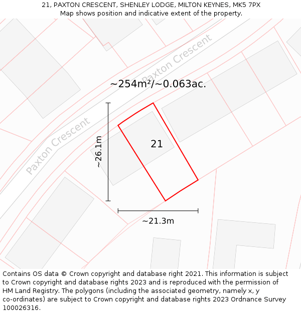 21, PAXTON CRESCENT, SHENLEY LODGE, MILTON KEYNES, MK5 7PX: Plot and title map