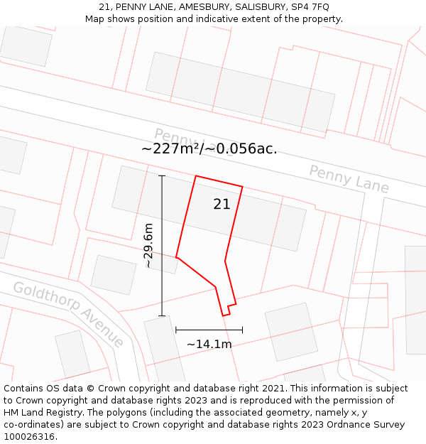 21, PENNY LANE, AMESBURY, SALISBURY, SP4 7FQ: Plot and title map