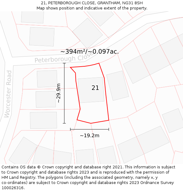 21, PETERBOROUGH CLOSE, GRANTHAM, NG31 8SH: Plot and title map