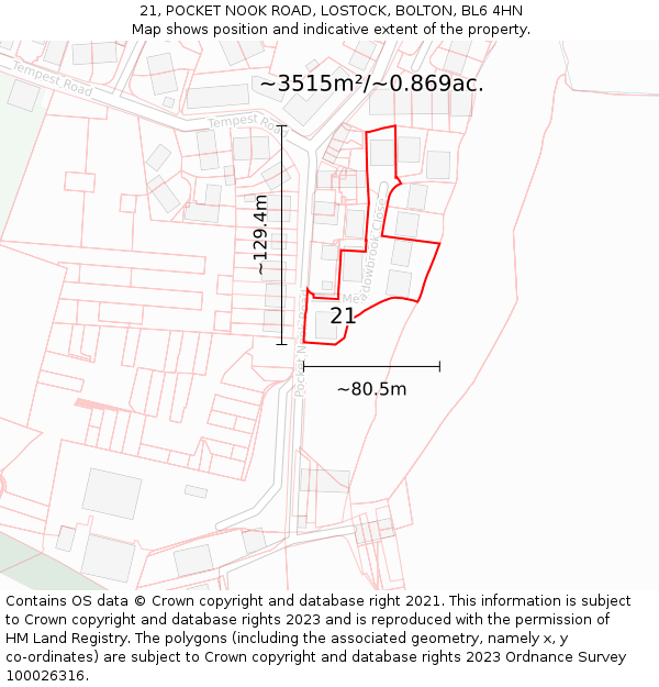 21, POCKET NOOK ROAD, LOSTOCK, BOLTON, BL6 4HN: Plot and title map