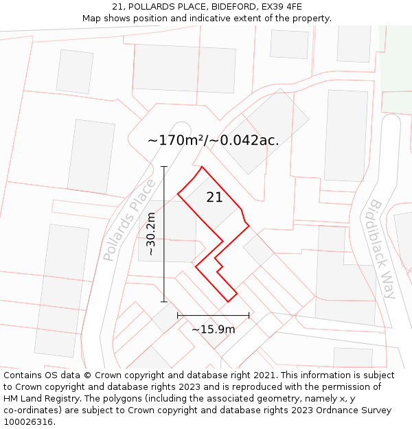 21, POLLARDS PLACE, BIDEFORD, EX39 4FE: Plot and title map