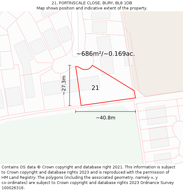 21, PORTINSCALE CLOSE, BURY, BL8 1DB: Plot and title map