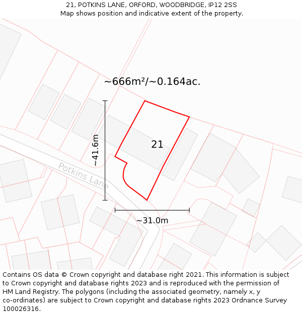 21, POTKINS LANE, ORFORD, WOODBRIDGE, IP12 2SS: Plot and title map