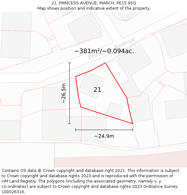 21, PRINCESS AVENUE, MARCH, PE15 9SQ: Plot and title map