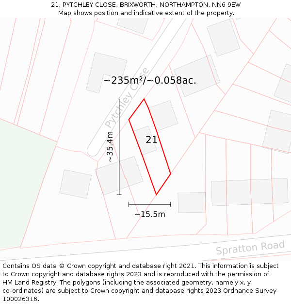 21, PYTCHLEY CLOSE, BRIXWORTH, NORTHAMPTON, NN6 9EW: Plot and title map