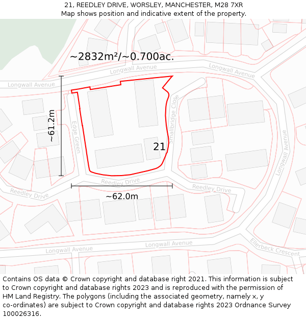 21, REEDLEY DRIVE, WORSLEY, MANCHESTER, M28 7XR: Plot and title map