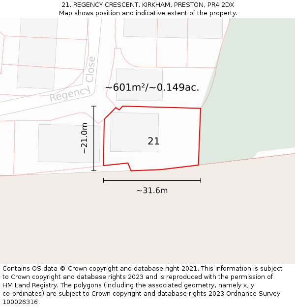 21, REGENCY CRESCENT, KIRKHAM, PRESTON, PR4 2DX: Plot and title map