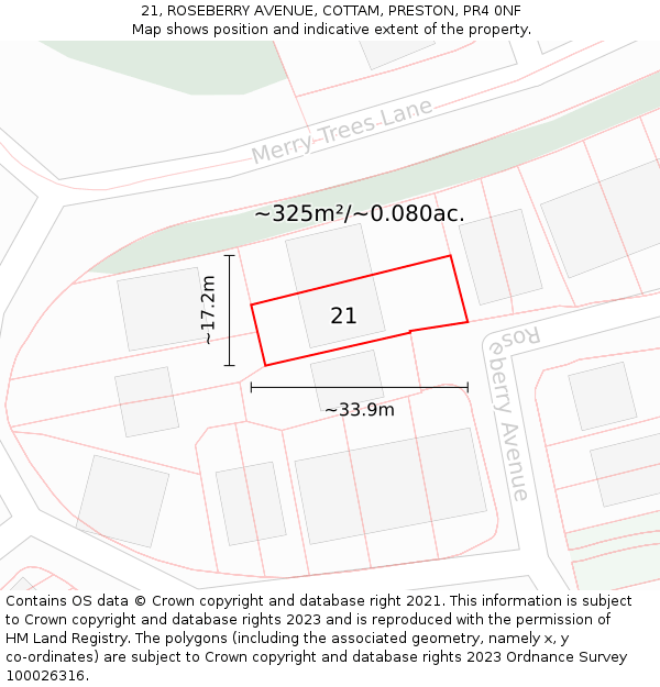 21, ROSEBERRY AVENUE, COTTAM, PRESTON, PR4 0NF: Plot and title map