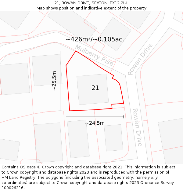 21, ROWAN DRIVE, SEATON, EX12 2UH: Plot and title map