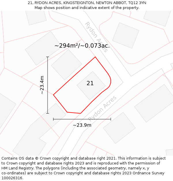 21, RYDON ACRES, KINGSTEIGNTON, NEWTON ABBOT, TQ12 3YN: Plot and title map