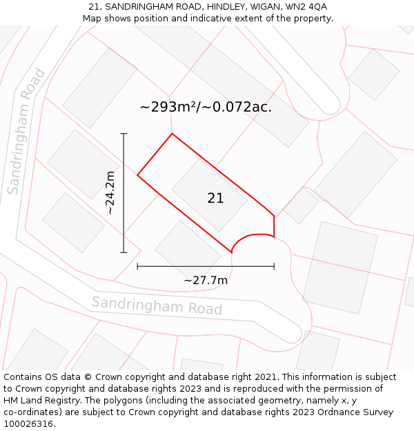 21, SANDRINGHAM ROAD, HINDLEY, WIGAN, WN2 4QA: Plot and title map