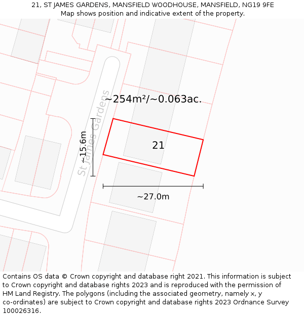 21, ST JAMES GARDENS, MANSFIELD WOODHOUSE, MANSFIELD, NG19 9FE: Plot and title map