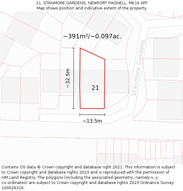 21, STANMORE GARDENS, NEWPORT PAGNELL, MK16 0PF: Plot and title map