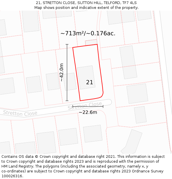 21, STRETTON CLOSE, SUTTON HILL, TELFORD, TF7 4LS: Plot and title map