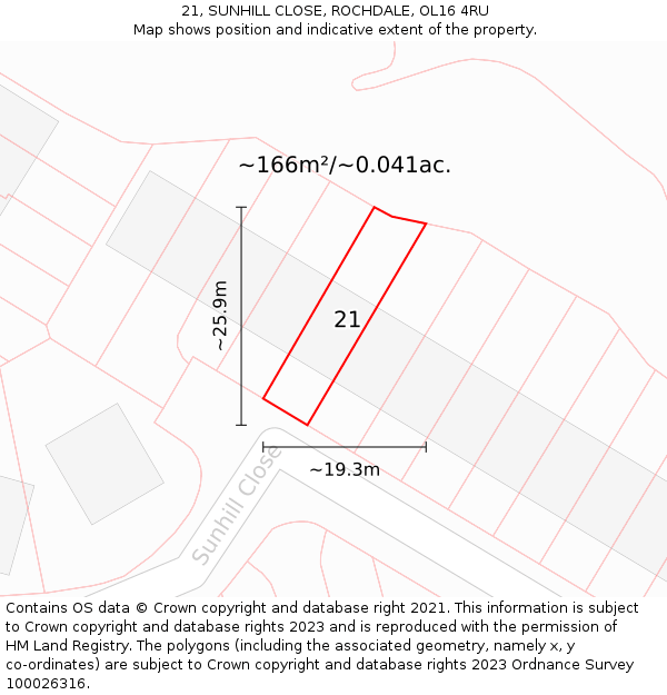 21, SUNHILL CLOSE, ROCHDALE, OL16 4RU: Plot and title map