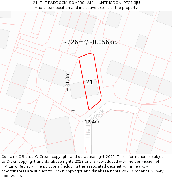 21, THE PADDOCK, SOMERSHAM, HUNTINGDON, PE28 3JU: Plot and title map