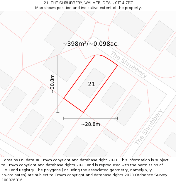 21, THE SHRUBBERY, WALMER, DEAL, CT14 7PZ: Plot and title map