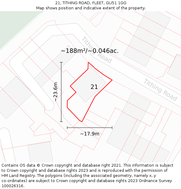 21, TITHING ROAD, FLEET, GU51 1GG: Plot and title map