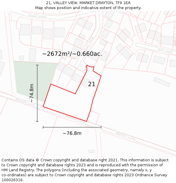 21, VALLEY VIEW, MARKET DRAYTON, TF9 1EA: Plot and title map