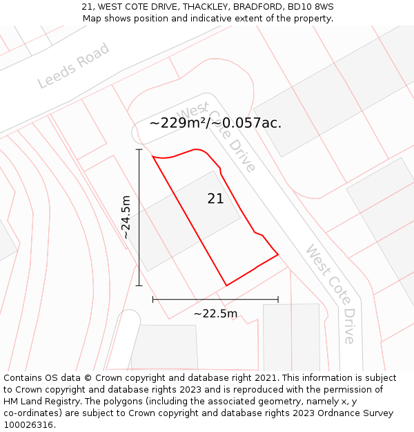 21, WEST COTE DRIVE, THACKLEY, BRADFORD, BD10 8WS: Plot and title map