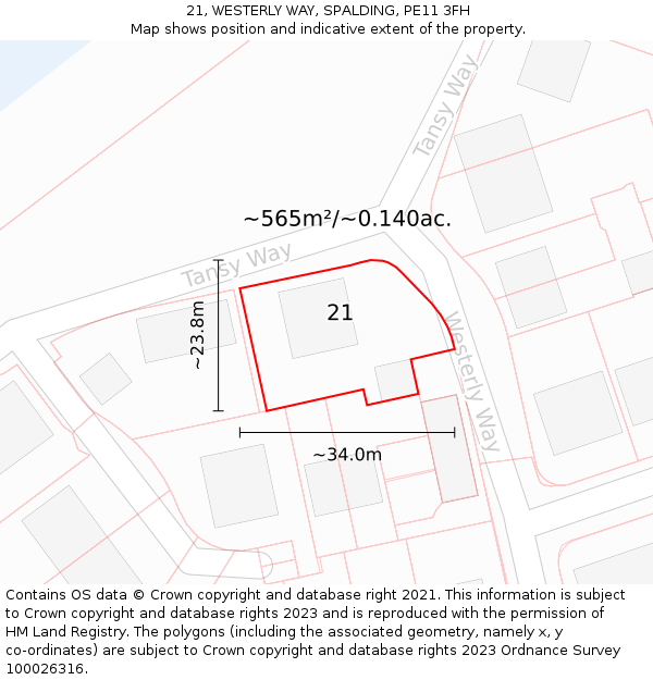 21, WESTERLY WAY, SPALDING, PE11 3FH: Plot and title map