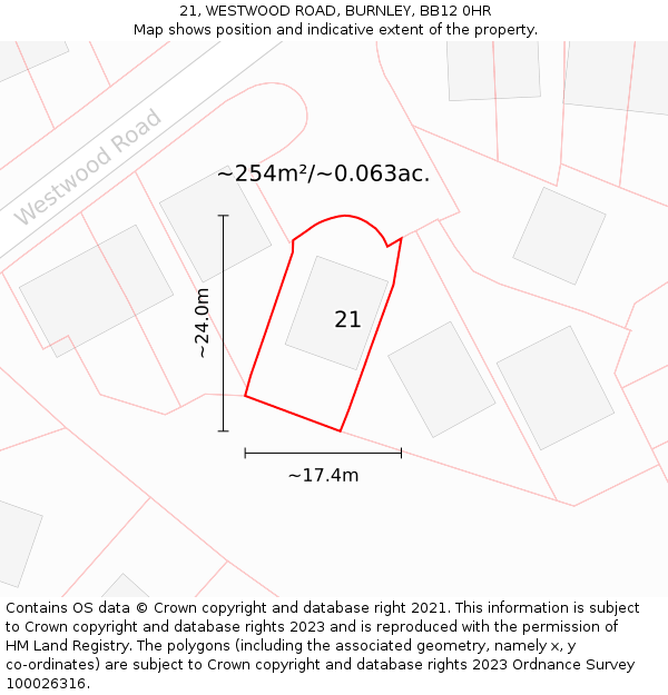 21, WESTWOOD ROAD, BURNLEY, BB12 0HR: Plot and title map