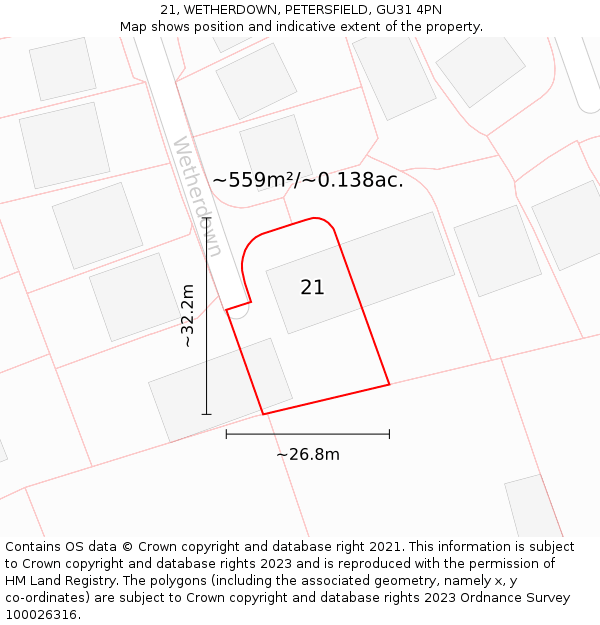 21, WETHERDOWN, PETERSFIELD, GU31 4PN: Plot and title map