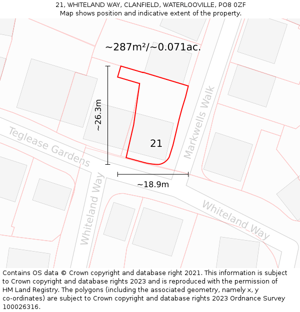 21, WHITELAND WAY, CLANFIELD, WATERLOOVILLE, PO8 0ZF: Plot and title map