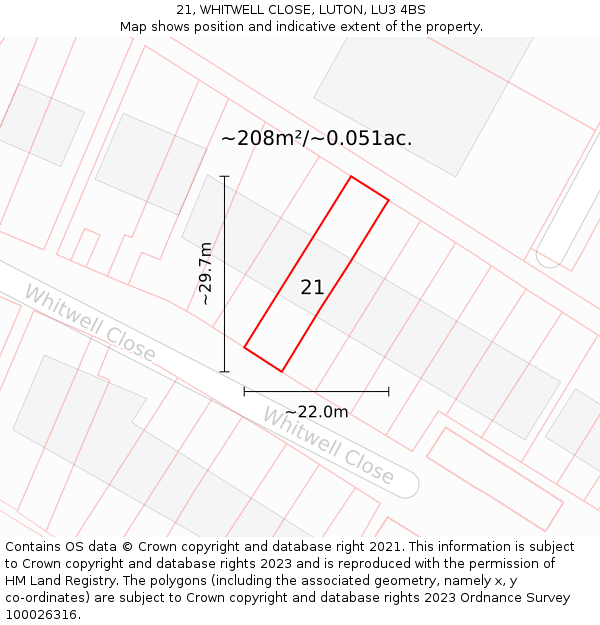 21, WHITWELL CLOSE, LUTON, LU3 4BS: Plot and title map