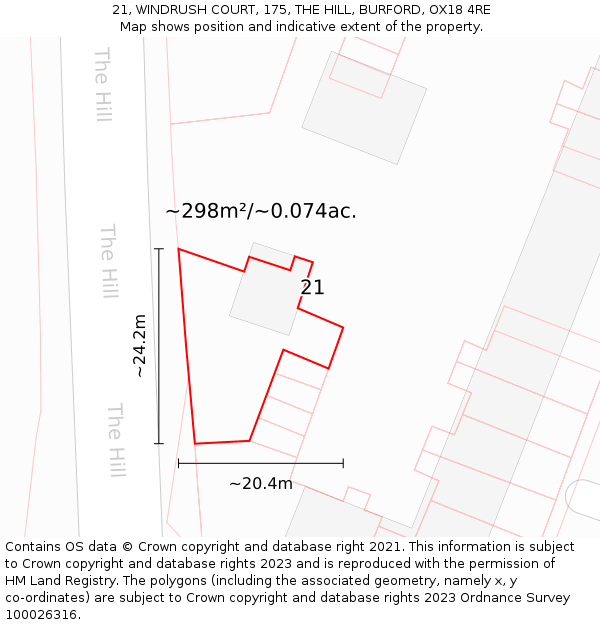 21, WINDRUSH COURT, 175, THE HILL, BURFORD, OX18 4RE: Plot and title map