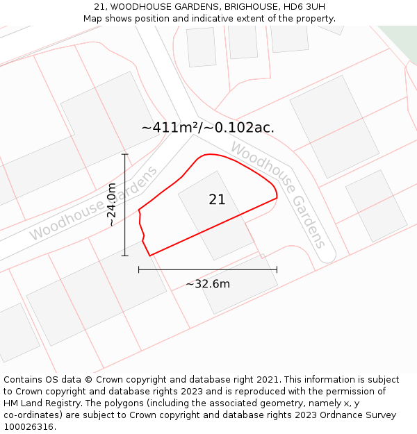 21, WOODHOUSE GARDENS, BRIGHOUSE, HD6 3UH: Plot and title map