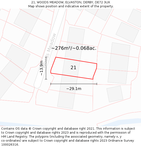 21, WOODS MEADOW, ELVASTON, DERBY, DE72 3UX: Plot and title map