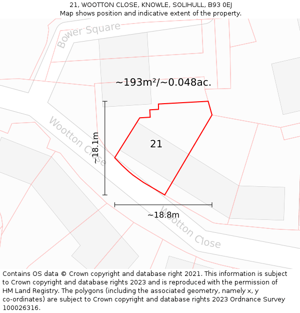 21, WOOTTON CLOSE, KNOWLE, SOLIHULL, B93 0EJ: Plot and title map