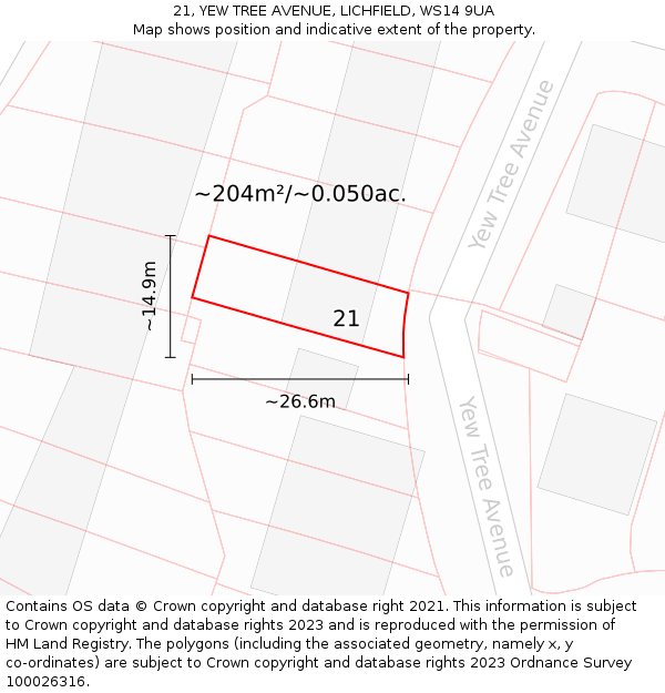 21, YEW TREE AVENUE, LICHFIELD, WS14 9UA: Plot and title map