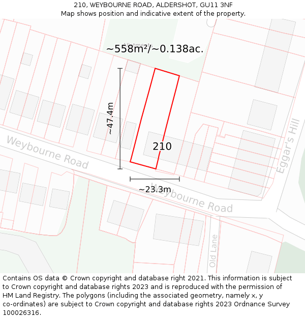 210, WEYBOURNE ROAD, ALDERSHOT, GU11 3NF: Plot and title map