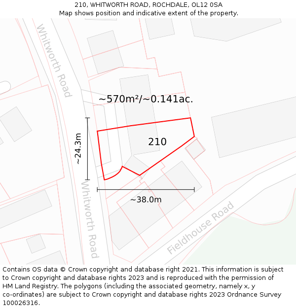 210, WHITWORTH ROAD, ROCHDALE, OL12 0SA: Plot and title map