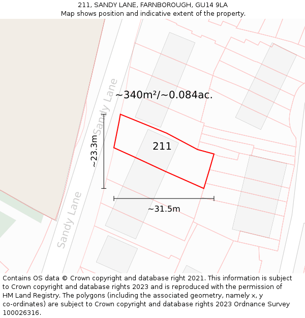 211, SANDY LANE, FARNBOROUGH, GU14 9LA: Plot and title map