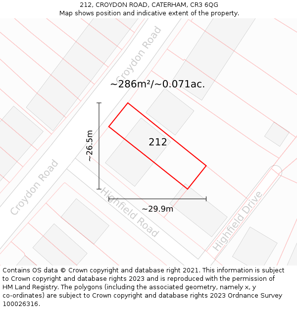 212, CROYDON ROAD, CATERHAM, CR3 6QG: Plot and title map