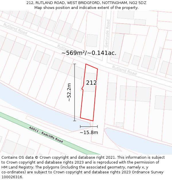 212, RUTLAND ROAD, WEST BRIDGFORD, NOTTINGHAM, NG2 5DZ: Plot and title map