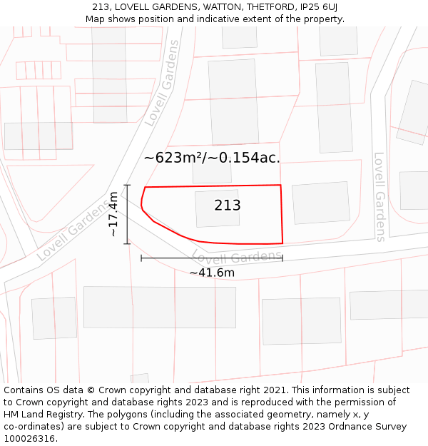 213, LOVELL GARDENS, WATTON, THETFORD, IP25 6UJ: Plot and title map