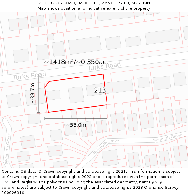 213, TURKS ROAD, RADCLIFFE, MANCHESTER, M26 3NN: Plot and title map