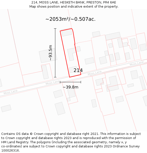 214, MOSS LANE, HESKETH BANK, PRESTON, PR4 6AE: Plot and title map