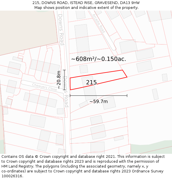 215, DOWNS ROAD, ISTEAD RISE, GRAVESEND, DA13 9HW: Plot and title map