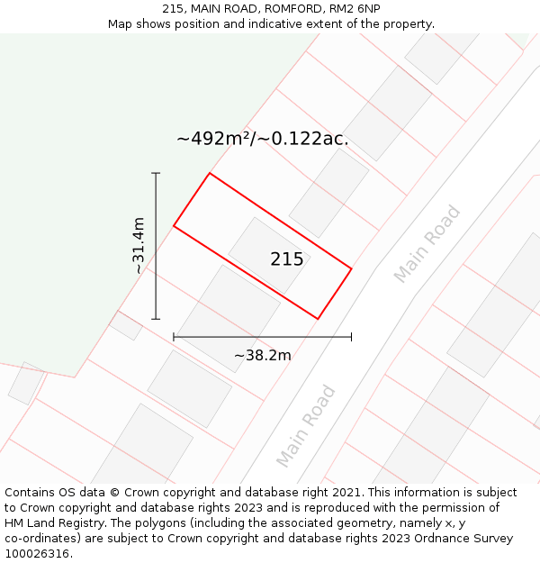 215, MAIN ROAD, ROMFORD, RM2 6NP: Plot and title map